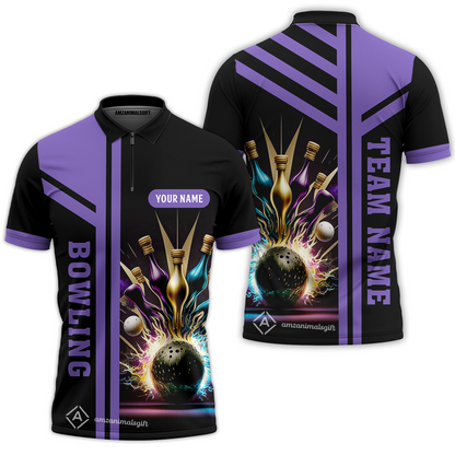 Customized Bowling Unisex Polo, Bowling And Pins Premium Professional Multicolor Option Customized Name And Team Zipper Polo Jerseys Shirts