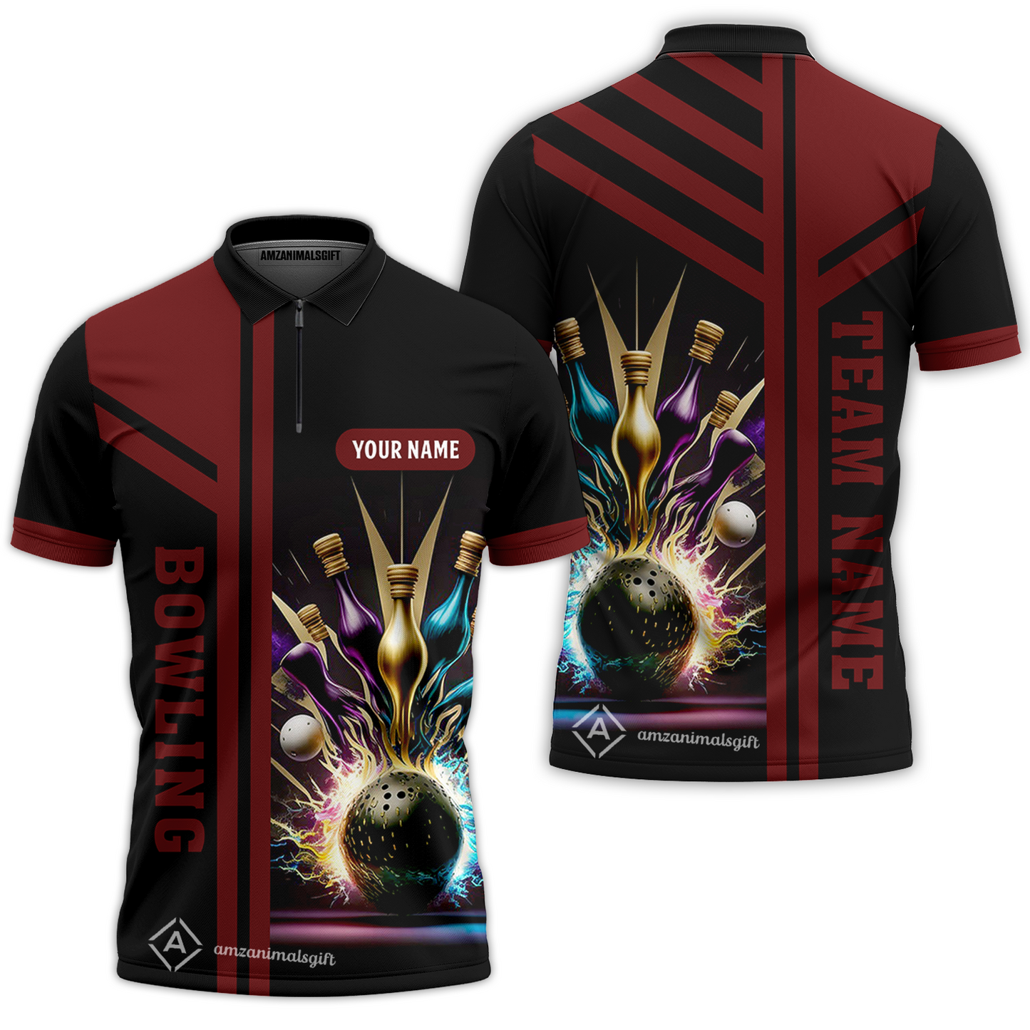 Customized Bowling Unisex Polo, Bowling And Pins Premium Professional Multicolor Option Customized Name And Team Zipper Polo Jerseys Shirts