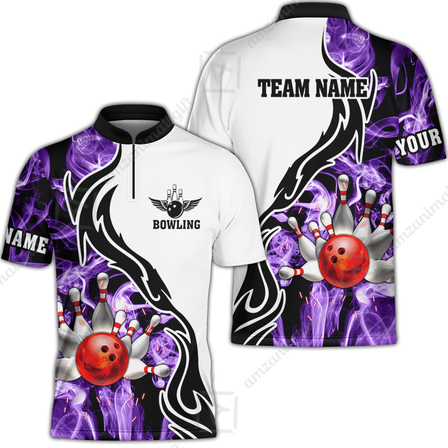 Customized Bowling Unisex Polo Shirt, Bowling And Pins Purple Smoke Pattern Customized Name And Team Polo Jerseys Shirts