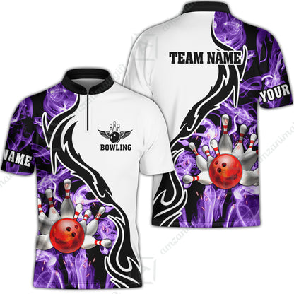Customized Bowling Unisex Polo Shirt, Bowling And Pins Purple Smoke Pattern Customized Name And Team Polo Jerseys Shirts