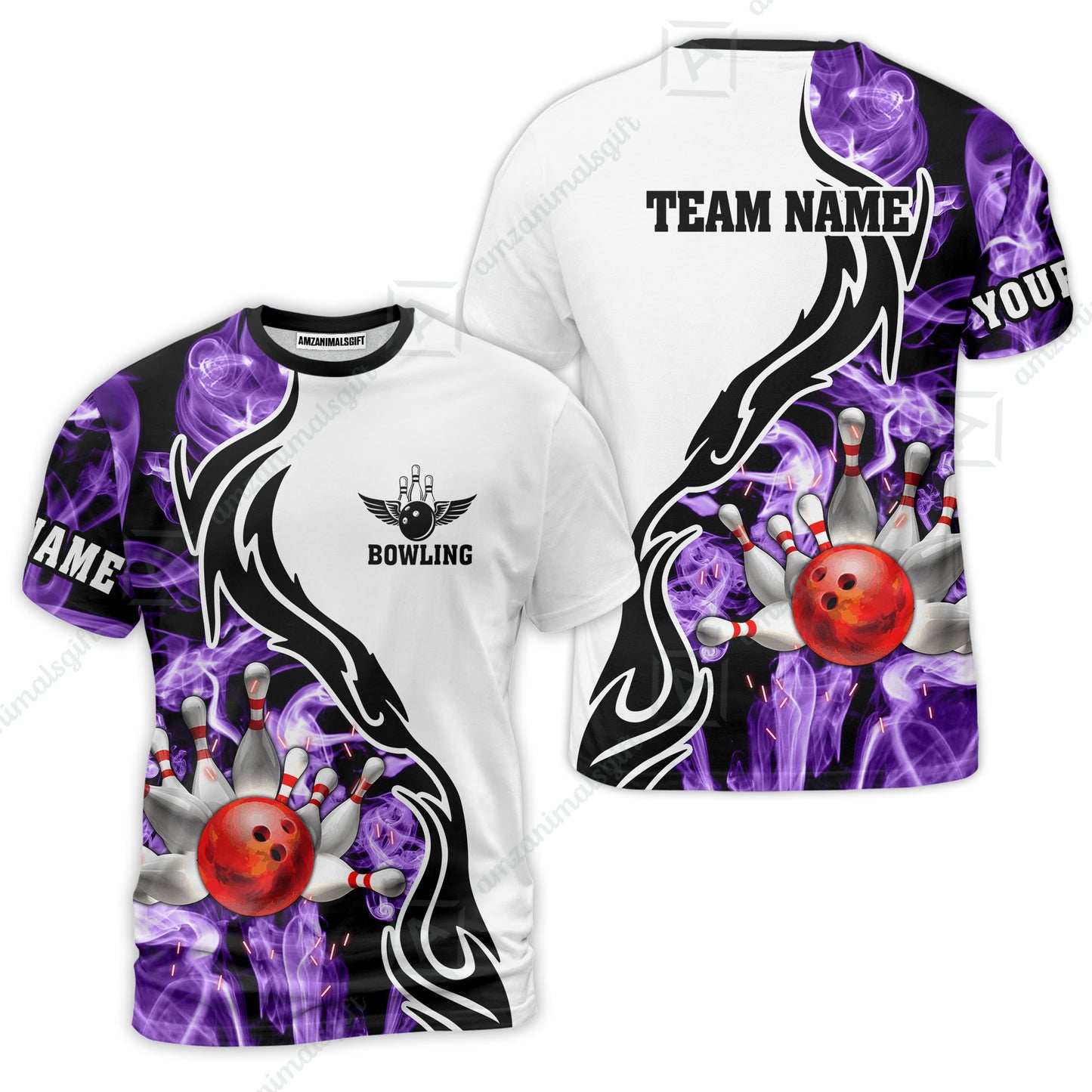 Customized Bowling Unisex Polo Shirt, Bowling And Pins Purple Smoke Pattern Customized Name And Team Polo Jerseys Shirts