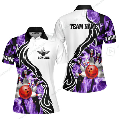 Customized Bowling Unisex Polo Shirt, Bowling And Pins Purple Smoke Pattern Customized Name And Team Polo Jerseys Shirts