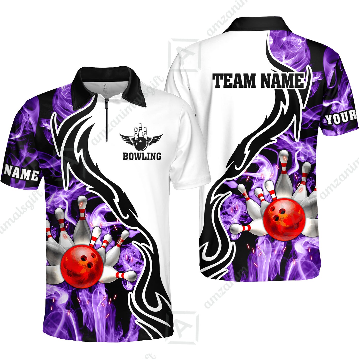 Customized Bowling Unisex Polo Shirt, Bowling And Pins Purple Smoke Pattern Customized Name And Team Polo Jerseys Shirts