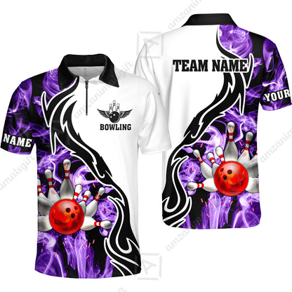 Customized Bowling Unisex Polo Shirt, Bowling And Pins Purple Smoke Pattern Customized Name And Team Polo Jerseys Shirts