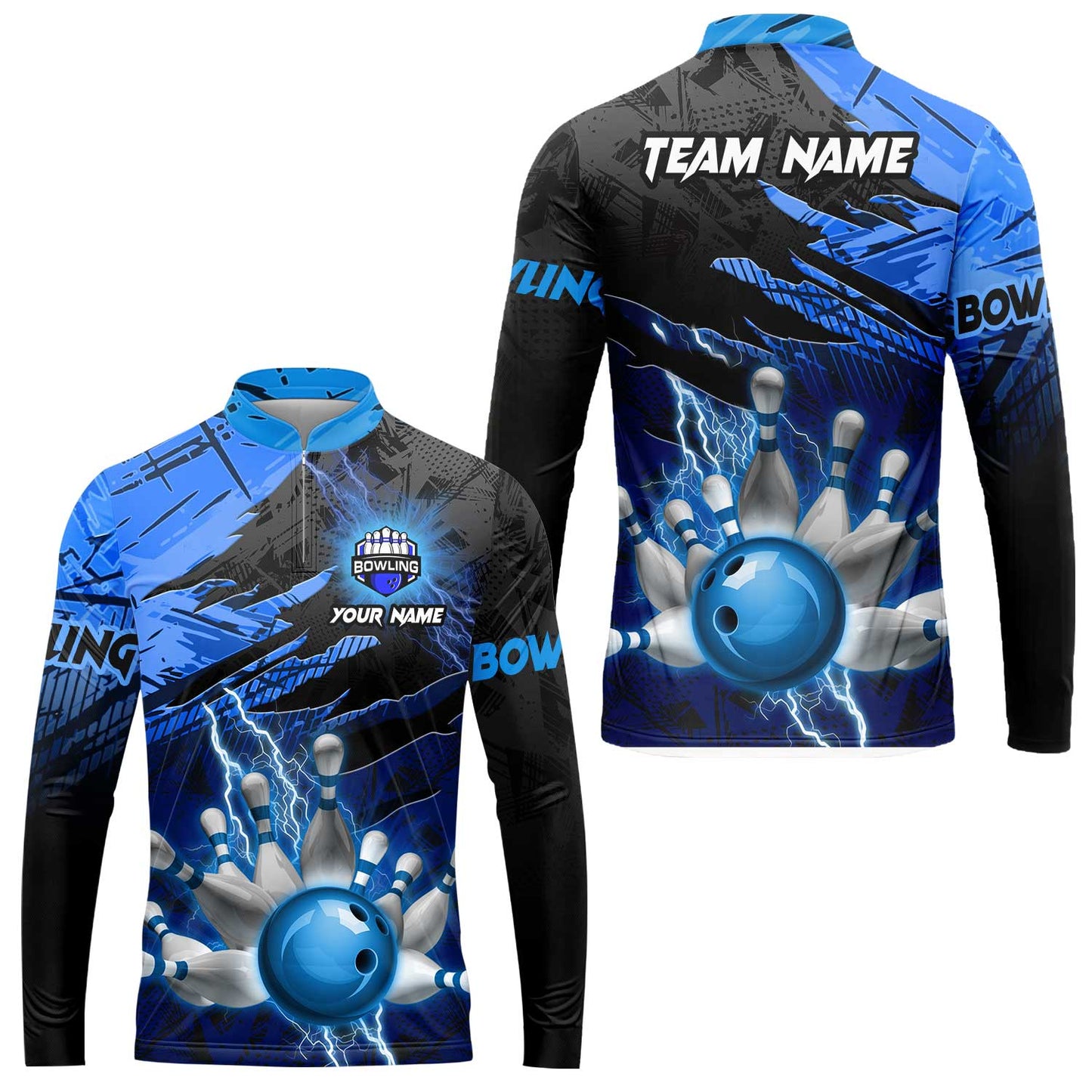 Customized Bowling Unisex Polo Shirt, Bowling And Pins Thunder Break Multicolor Option Customized Name And Team Name Zipper Polo Jerseys Shirts