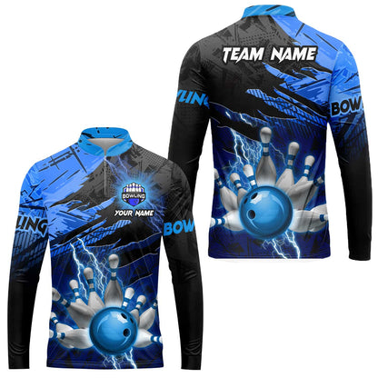 Customized Bowling Unisex Polo Shirt, Bowling And Pins Thunder Break Multicolor Option Customized Name And Team Name Zipper Polo Jerseys Shirts