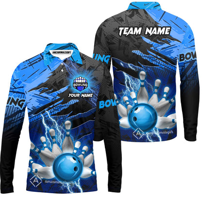 Customized Bowling Unisex Polo Shirt, Bowling And Pins Thunder Break Multicolor Option Customized Name And Team Name Zipper Polo Jerseys Shirts