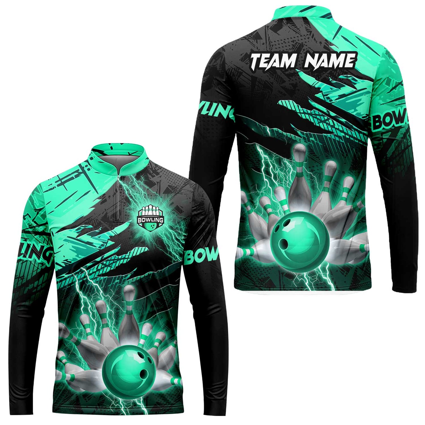 Customized Bowling Unisex Polo Shirt, Bowling And Pins Thunder Break Multicolor Option Customized Name And Team Name Zipper Polo Jerseys Shirts