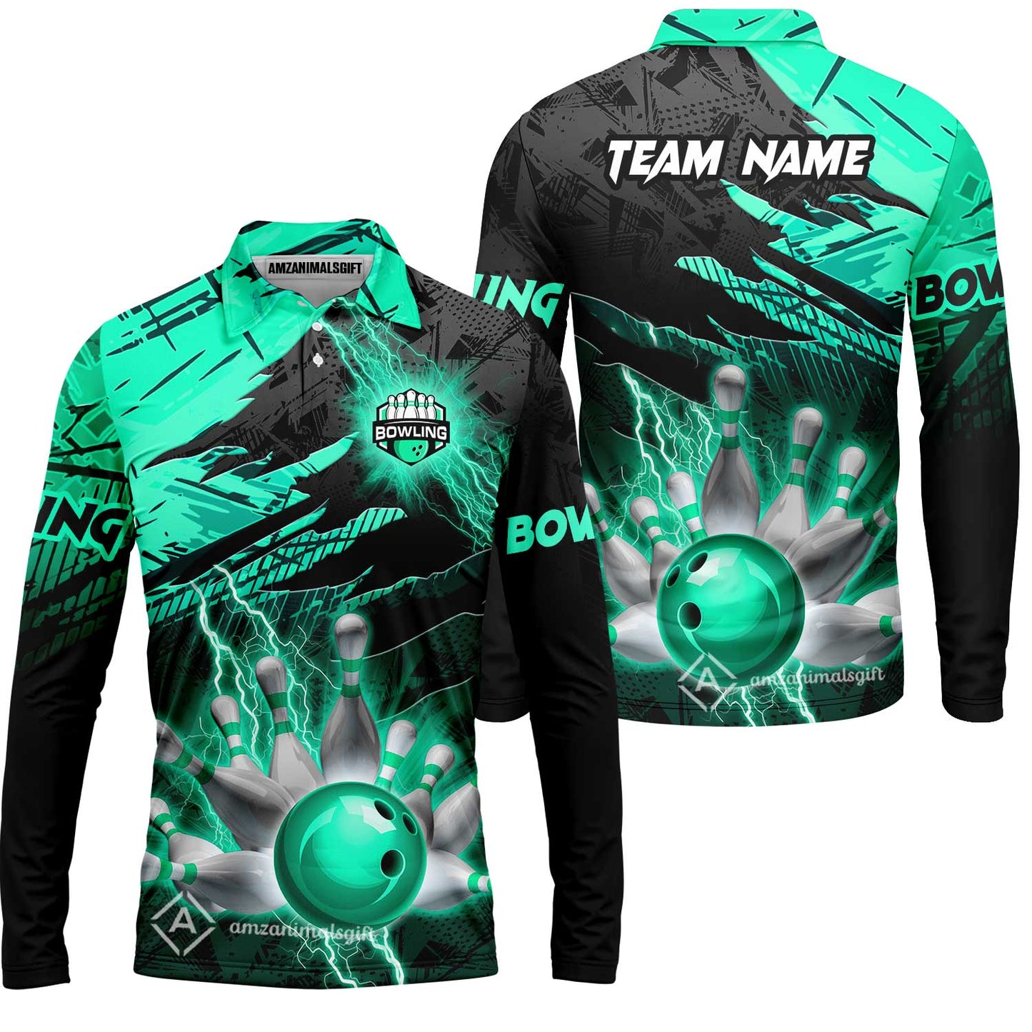 Customized Bowling Unisex Polo Shirt, Bowling And Pins Thunder Break Multicolor Option Customized Name And Team Name Zipper Polo Jerseys Shirts