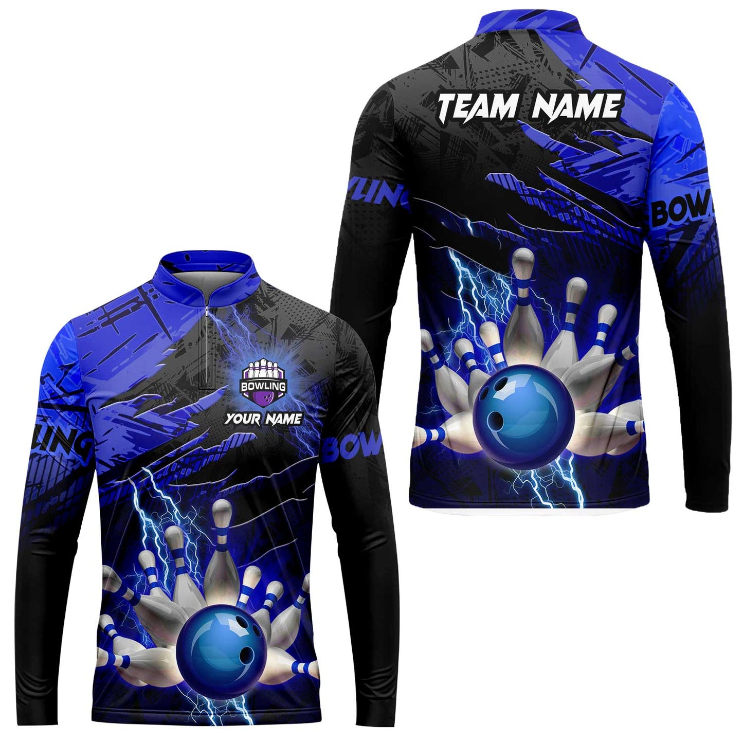 Customized Bowling Unisex Polo Shirt, Bowling And Pins Thunder Break Multicolor Option Customized Name And Team Name Zipper Polo Jerseys Shirts