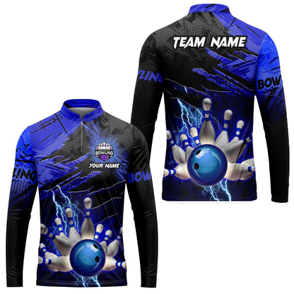 Customized Bowling Unisex Polo Shirt, Bowling And Pins Thunder Break Multicolor Option Customized Name And Team Name Zipper Polo Jerseys Shirts