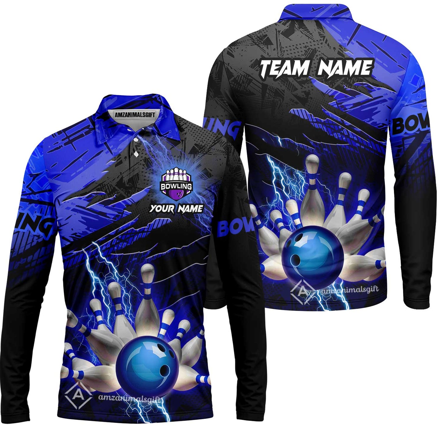 Customized Bowling Unisex Polo Shirt, Bowling And Pins Thunder Break Multicolor Option Customized Name And Team Name Zipper Polo Jerseys Shirts