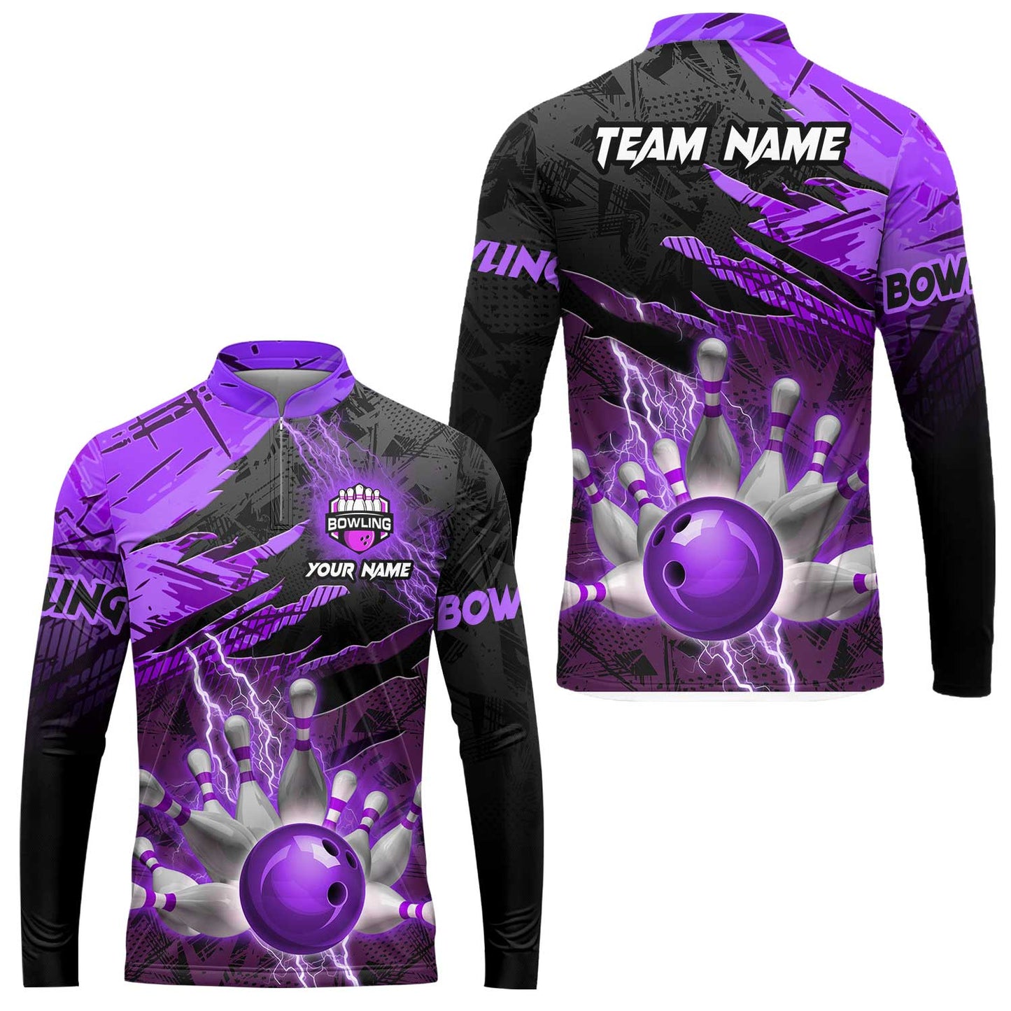 Customized Bowling Unisex Polo Shirt, Bowling And Pins Thunder Break Multicolor Option Customized Name And Team Name Zipper Polo Jerseys Shirts