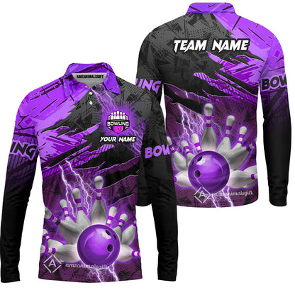 Customized Bowling Unisex Polo Shirt, Bowling And Pins Thunder Break Multicolor Option Customized Name And Team Name Zipper Polo Jerseys Shirts