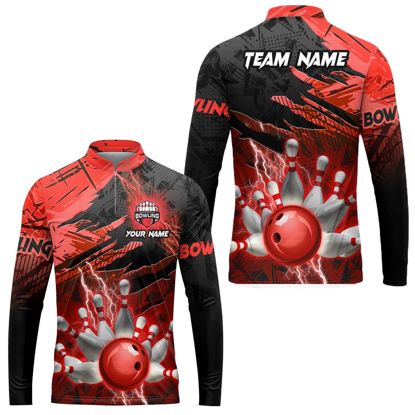 Customized Bowling Unisex Polo Shirt, Bowling And Pins Thunder Break Multicolor Option Customized Name And Team Name Zipper Polo Jerseys Shirts