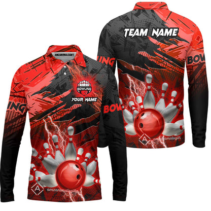 Customized Bowling Unisex Polo Shirt, Bowling And Pins Thunder Break Multicolor Option Customized Name And Team Name Zipper Polo Jerseys Shirts