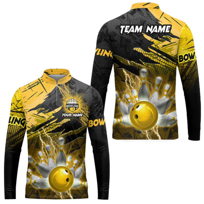 Customized Bowling Unisex Polo Shirt, Bowling And Pins Thunder Break Multicolor Option Customized Name And Team Name Zipper Polo Jerseys Shirts