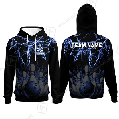 Customized Bowling Polo, Bowling & Pins Flame Thunder Pattern  Multicolor Option Customized Name, Team Name Polo Shirt For Bowling Team