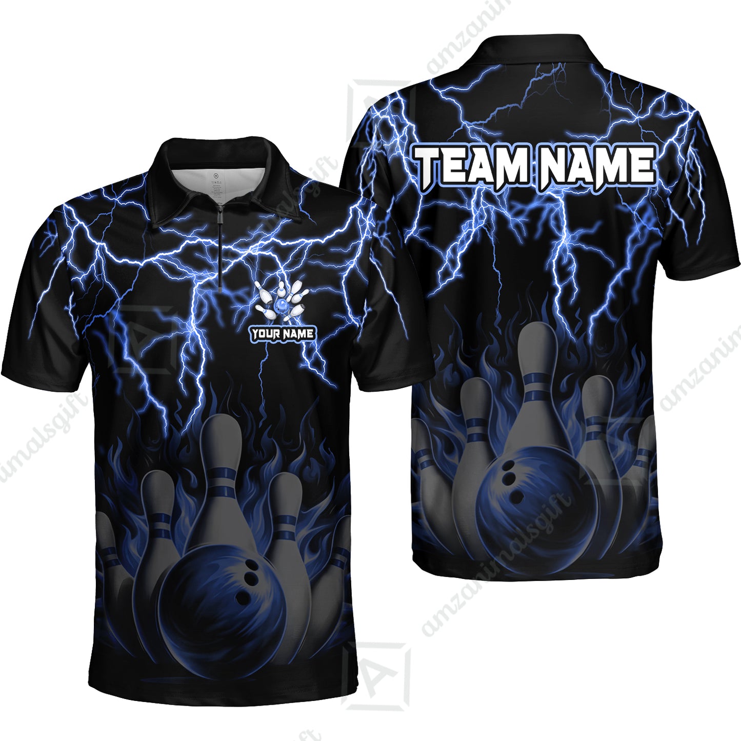 Customized Bowling Polo, Bowling & Pins Flame Thunder Pattern  Multicolor Option Customized Name, Team Name Polo Shirt For Bowling Team
