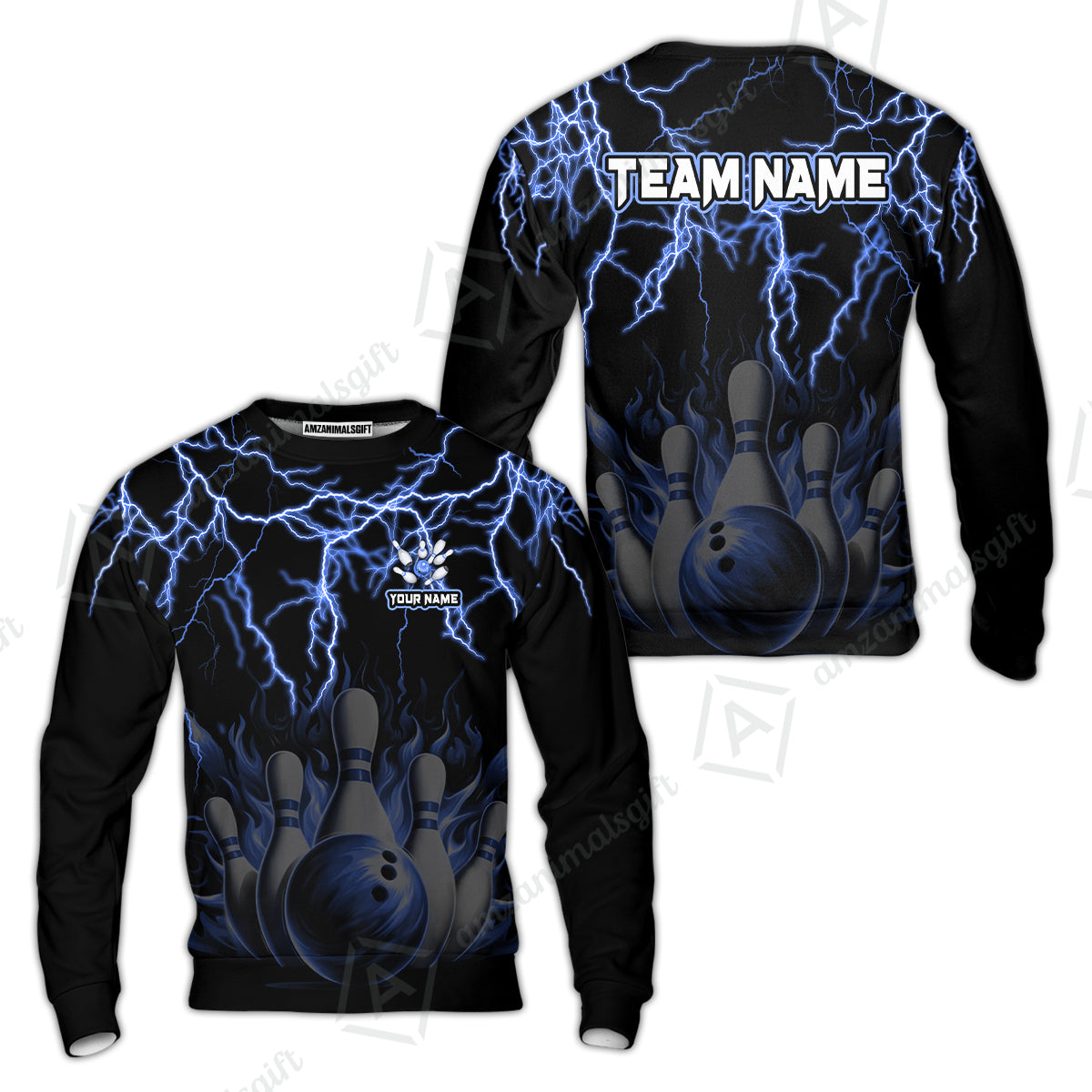 Customized Bowling Polo, Bowling & Pins Flame Thunder Pattern  Multicolor Option Customized Name, Team Name Polo Shirt For Bowling Team