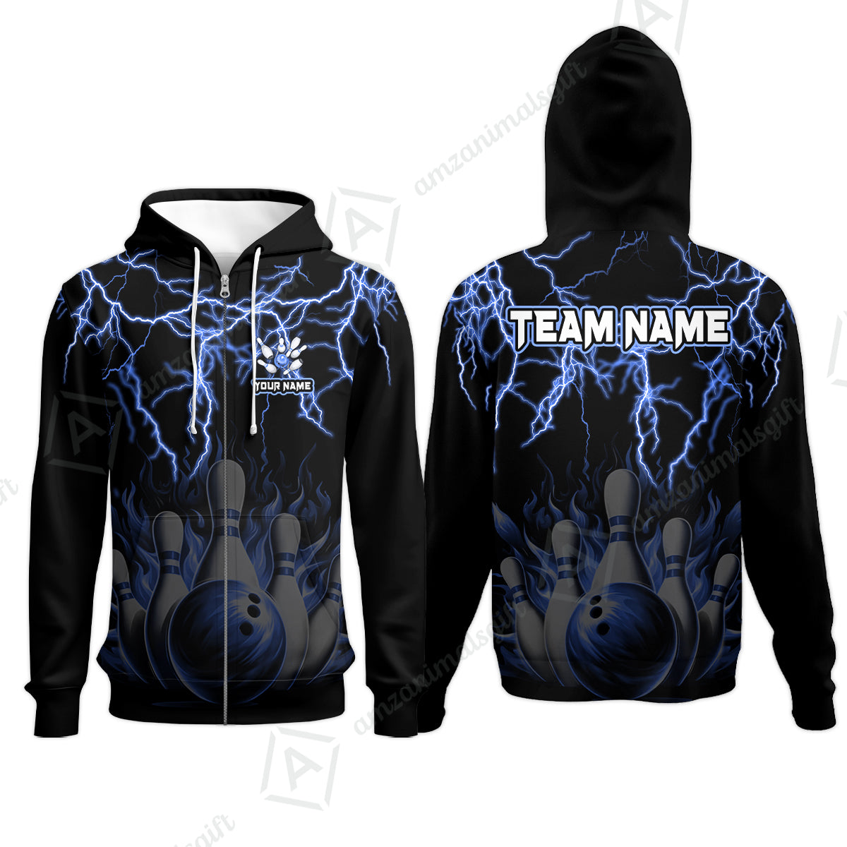 Customized Bowling Polo, Bowling & Pins Flame Thunder Pattern  Multicolor Option Customized Name, Team Name Polo Shirt For Bowling Team