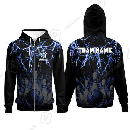 Customized Bowling Polo, Bowling & Pins Flame Thunder Pattern  Multicolor Option Customized Name, Team Name Polo Shirt For Bowling Team