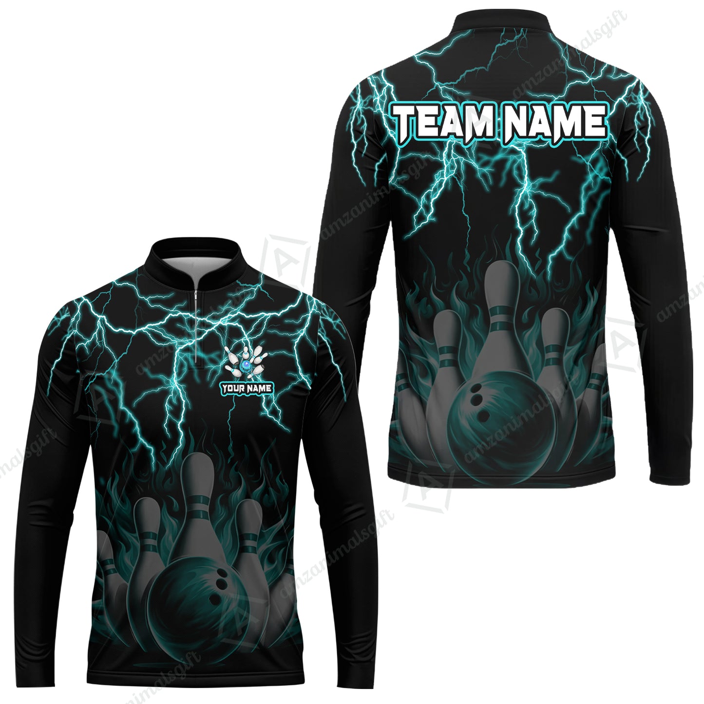 Customized Bowling Polo, Bowling & Pins Flame Thunder Pattern  Multicolor Option Customized Name, Team Name Polo Shirt For Bowling Team