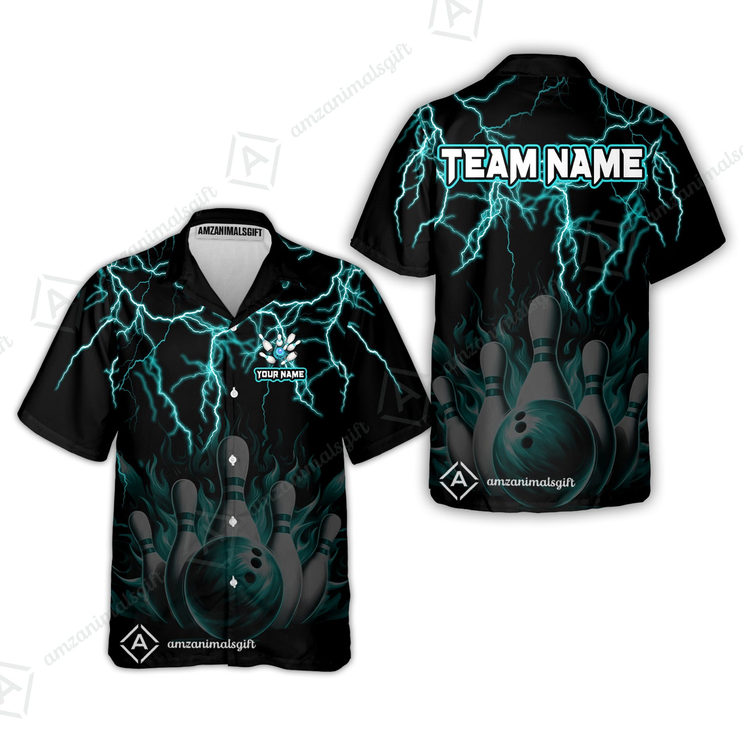 Customized Bowling Polo, Bowling & Pins Flame Thunder Pattern  Multicolor Option Customized Name, Team Name Polo Shirt For Bowling Team