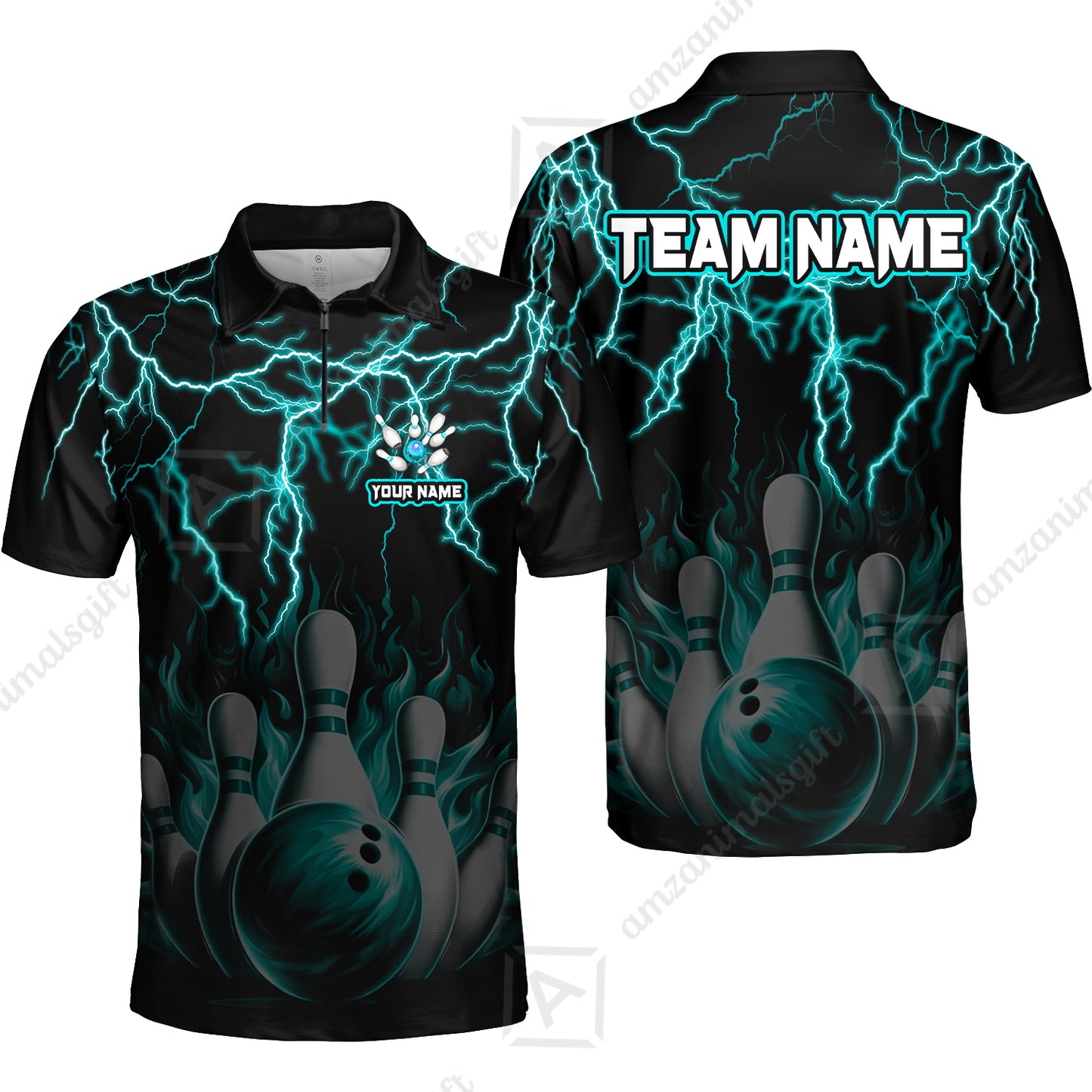 Customized Bowling Polo, Bowling & Pins Flame Thunder Pattern  Multicolor Option Customized Name, Team Name Polo Shirt For Bowling Team