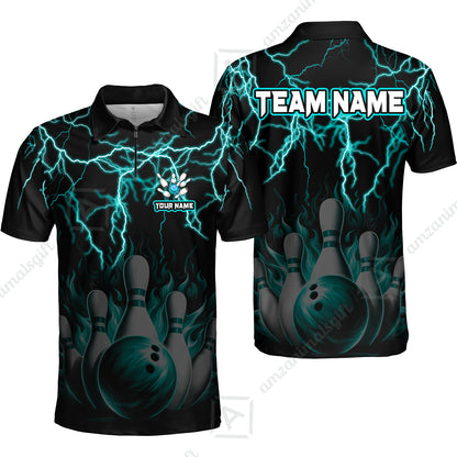 Customized Bowling Polo, Bowling & Pins Flame Thunder Pattern  Multicolor Option Customized Name, Team Name Polo Shirt For Bowling Team