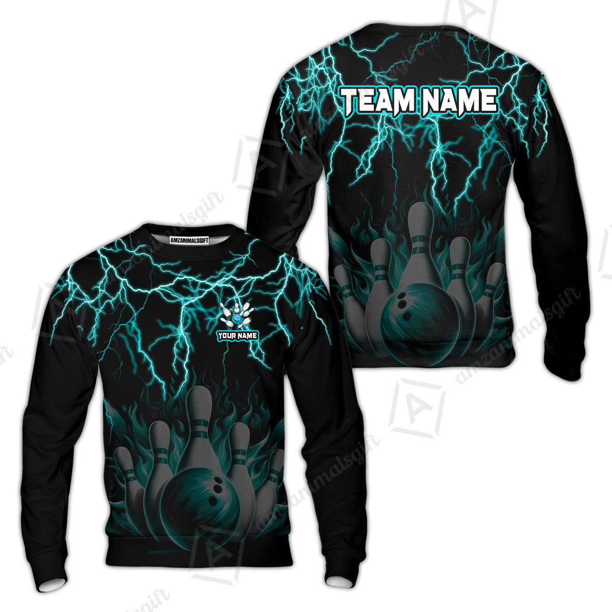 Customized Bowling Polo, Bowling & Pins Flame Thunder Pattern  Multicolor Option Customized Name, Team Name Polo Shirt For Bowling Team