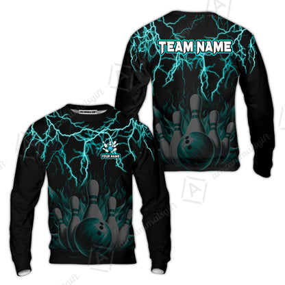 Customized Bowling Polo, Bowling & Pins Flame Thunder Pattern  Multicolor Option Customized Name, Team Name Polo Shirt For Bowling Team