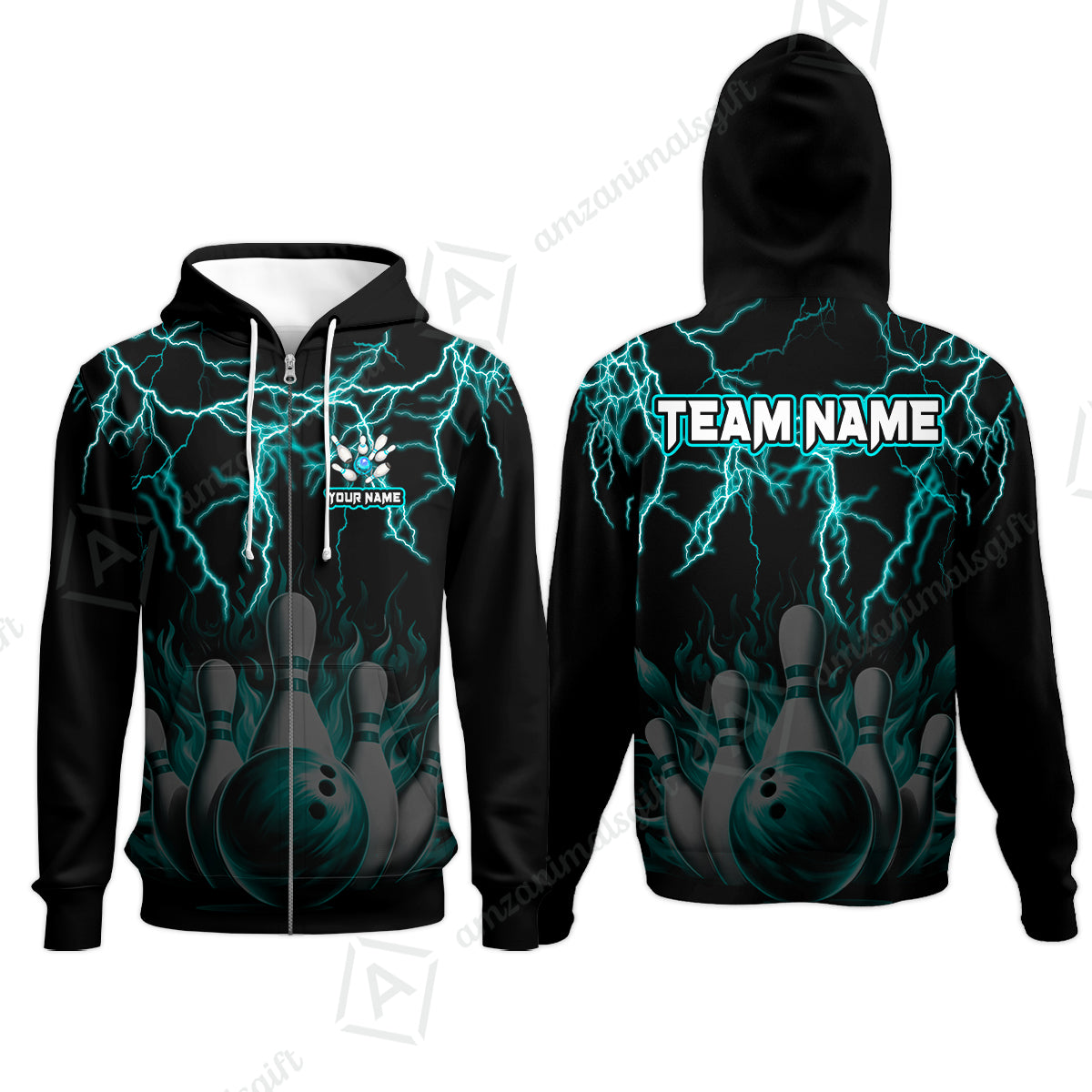 Customized Bowling Polo, Bowling & Pins Flame Thunder Pattern  Multicolor Option Customized Name, Team Name Polo Shirt For Bowling Team