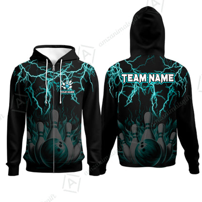 Customized Bowling Polo, Bowling & Pins Flame Thunder Pattern  Multicolor Option Customized Name, Team Name Polo Shirt For Bowling Team