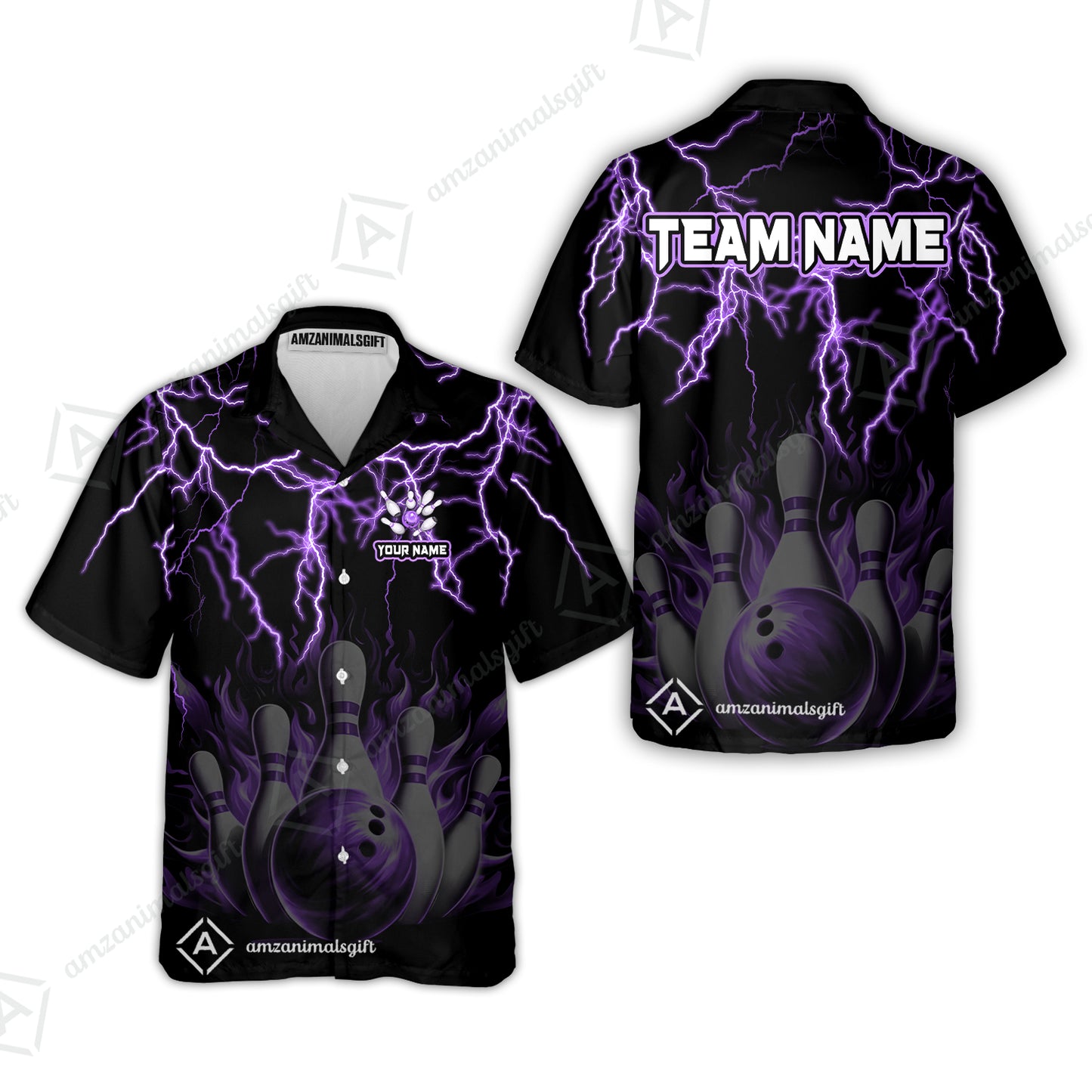 Customized Bowling Polo, Bowling & Pins Flame Thunder Pattern  Multicolor Option Customized Name, Team Name Polo Shirt For Bowling Team