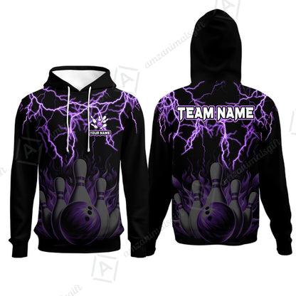 Customized Bowling Polo, Bowling & Pins Flame Thunder Pattern  Multicolor Option Customized Name, Team Name Polo Shirt For Bowling Team