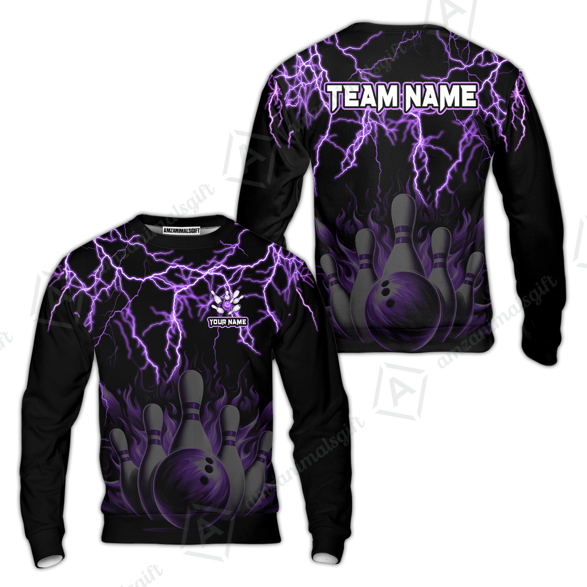 Customized Bowling Polo, Bowling & Pins Flame Thunder Pattern  Multicolor Option Customized Name, Team Name Polo Shirt For Bowling Team