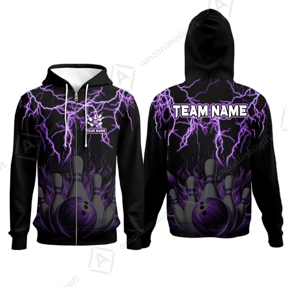 Customized Bowling Polo, Bowling & Pins Flame Thunder Pattern  Multicolor Option Customized Name, Team Name Polo Shirt For Bowling Team