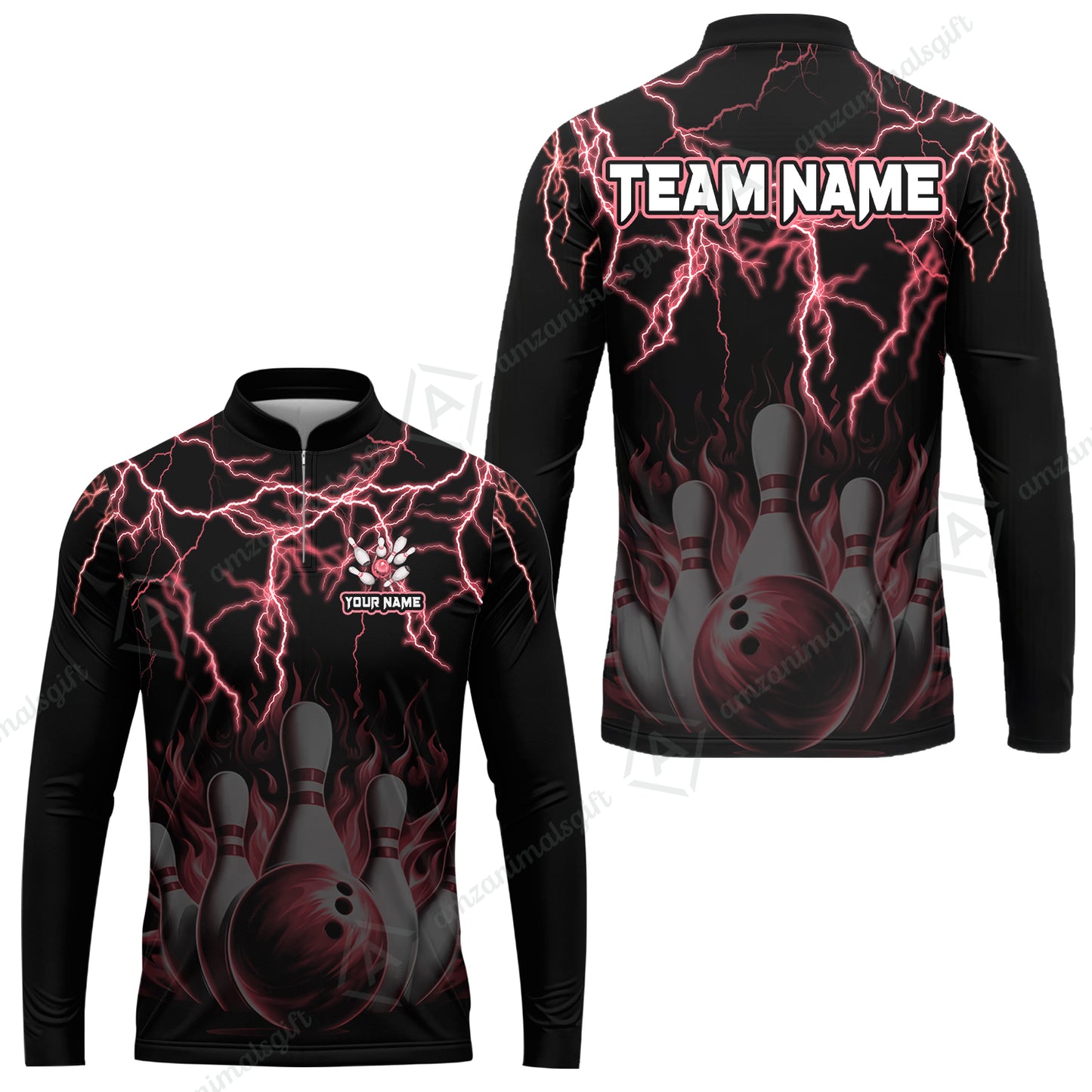 Customized Bowling Polo, Bowling & Pins Flame Thunder Pattern  Multicolor Option Customized Name, Team Name Polo Shirt For Bowling Team