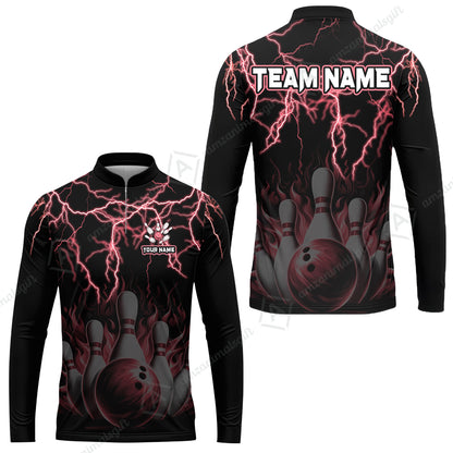 Customized Bowling Polo, Bowling & Pins Flame Thunder Pattern  Multicolor Option Customized Name, Team Name Polo Shirt For Bowling Team