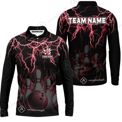 Customized Bowling Polo, Bowling & Pins Flame Thunder Pattern  Multicolor Option Customized Name, Team Name Polo Shirt For Bowling Team