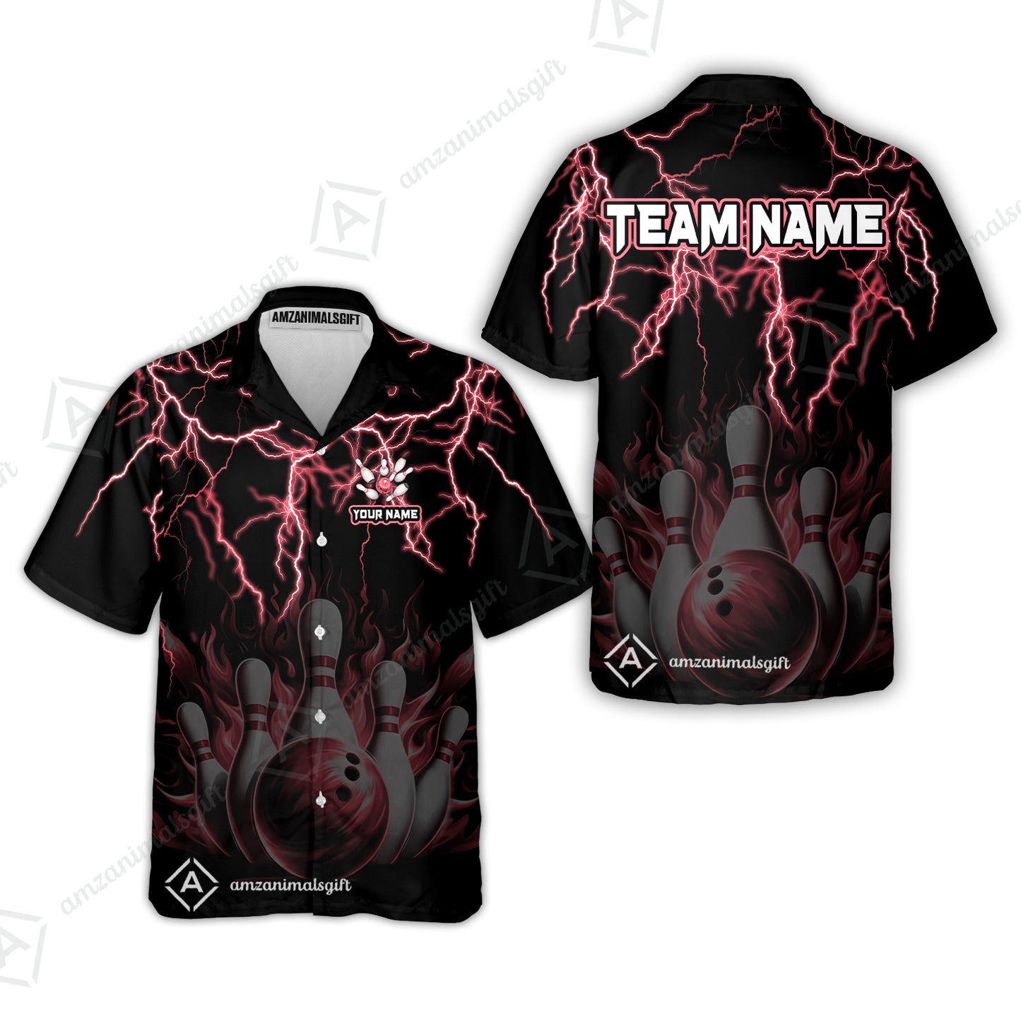 Customized Bowling Polo, Bowling & Pins Flame Thunder Pattern  Multicolor Option Customized Name, Team Name Polo Shirt For Bowling Team