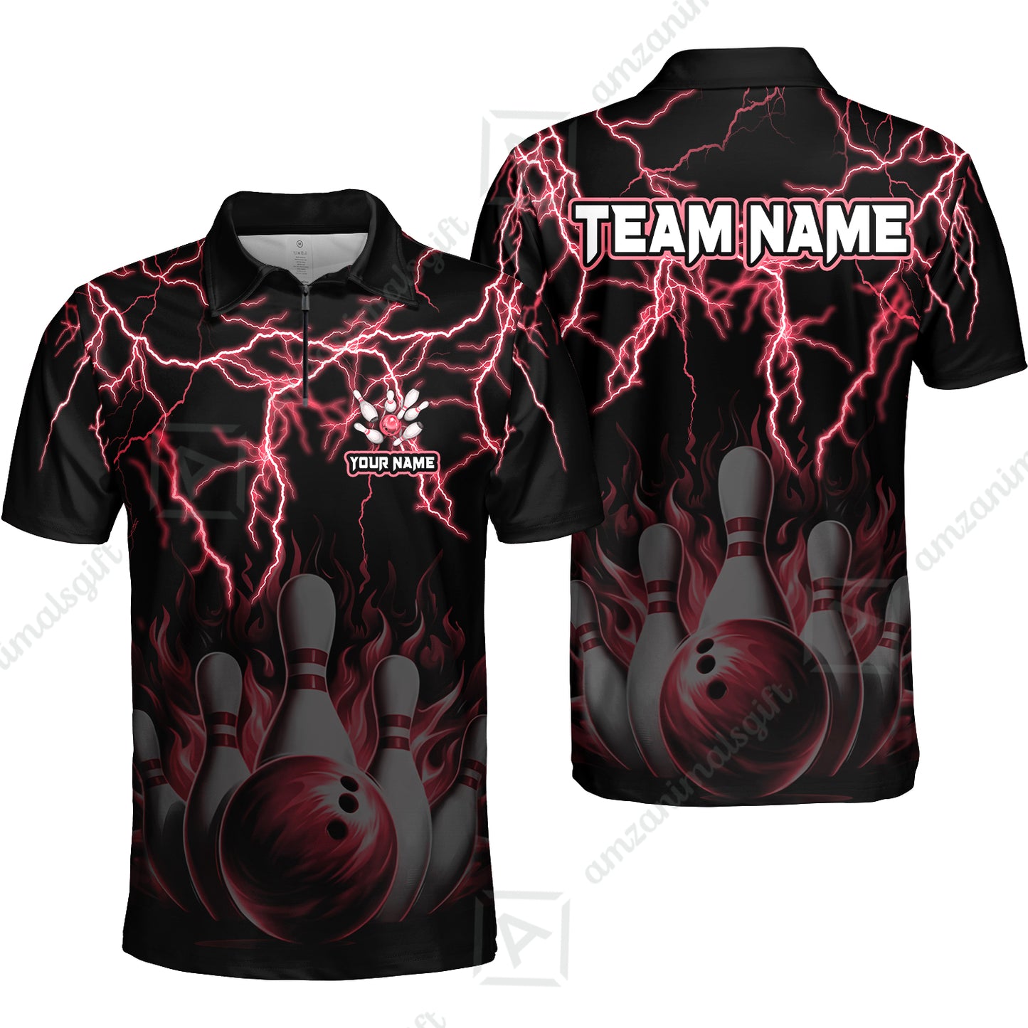 Customized Bowling Polo, Bowling & Pins Flame Thunder Pattern  Multicolor Option Customized Name, Team Name Polo Shirt For Bowling Team