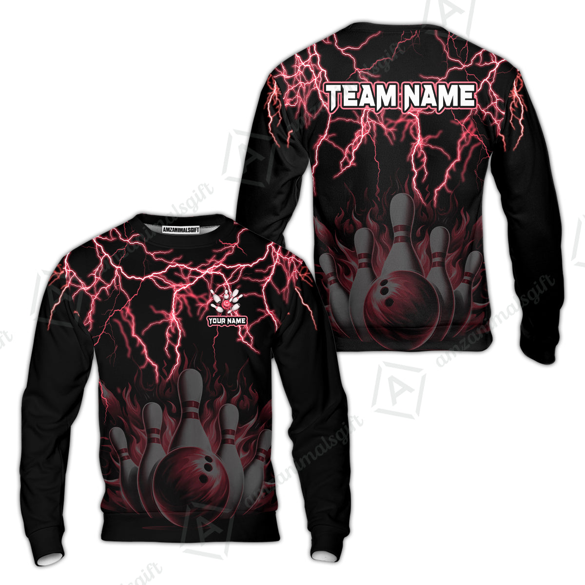 Customized Bowling Polo, Bowling & Pins Flame Thunder Pattern  Multicolor Option Customized Name, Team Name Polo Shirt For Bowling Team