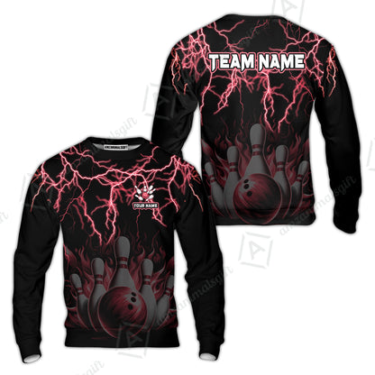 Customized Bowling Polo, Bowling & Pins Flame Thunder Pattern  Multicolor Option Customized Name, Team Name Polo Shirt For Bowling Team