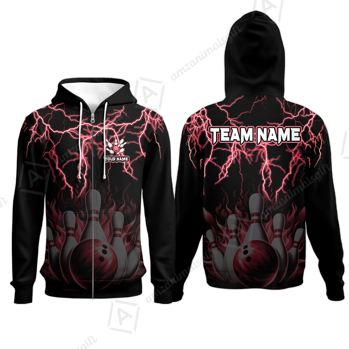 Customized Bowling Polo, Bowling & Pins Flame Thunder Pattern  Multicolor Option Customized Name, Team Name Polo Shirt For Bowling Team