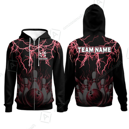 Customized Bowling Polo, Bowling & Pins Flame Thunder Pattern  Multicolor Option Customized Name, Team Name Polo Shirt For Bowling Team