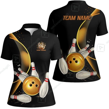 Customized Bowling Polo Shirt, Custom Black And Gold Bowling Team Shirts For Men And Women, Unisex Bowling League Jerseys Polo Shirts