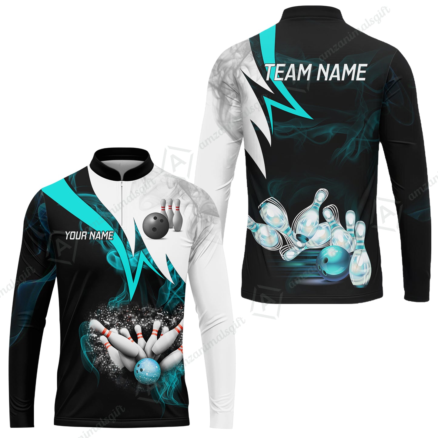 Customized Bowling Polo, Cyan Smoke Pattern Bowling And Pins Premium Customized Name And Team Name Jerseys Polo Shirts