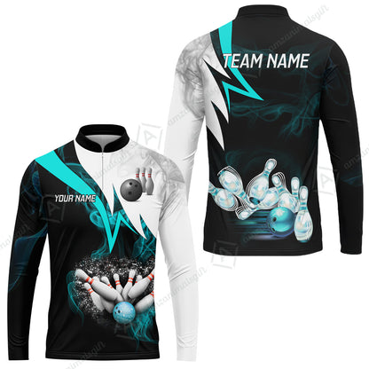 Customized Bowling Polo, Cyan Smoke Pattern Bowling And Pins Premium Customized Name And Team Name Jerseys Polo Shirts